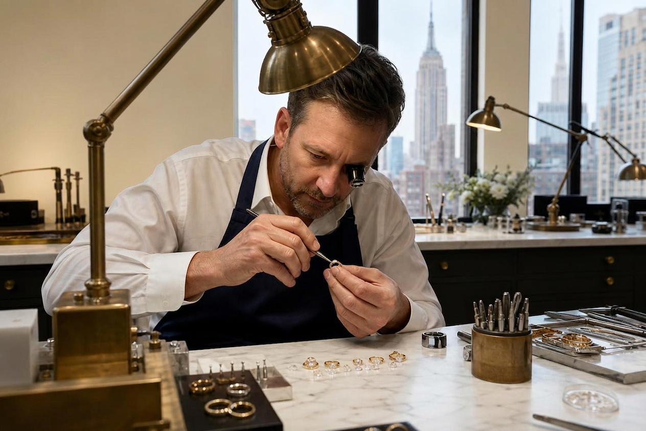 NYC jewelry workshop master jeweler crafting a diamond ring